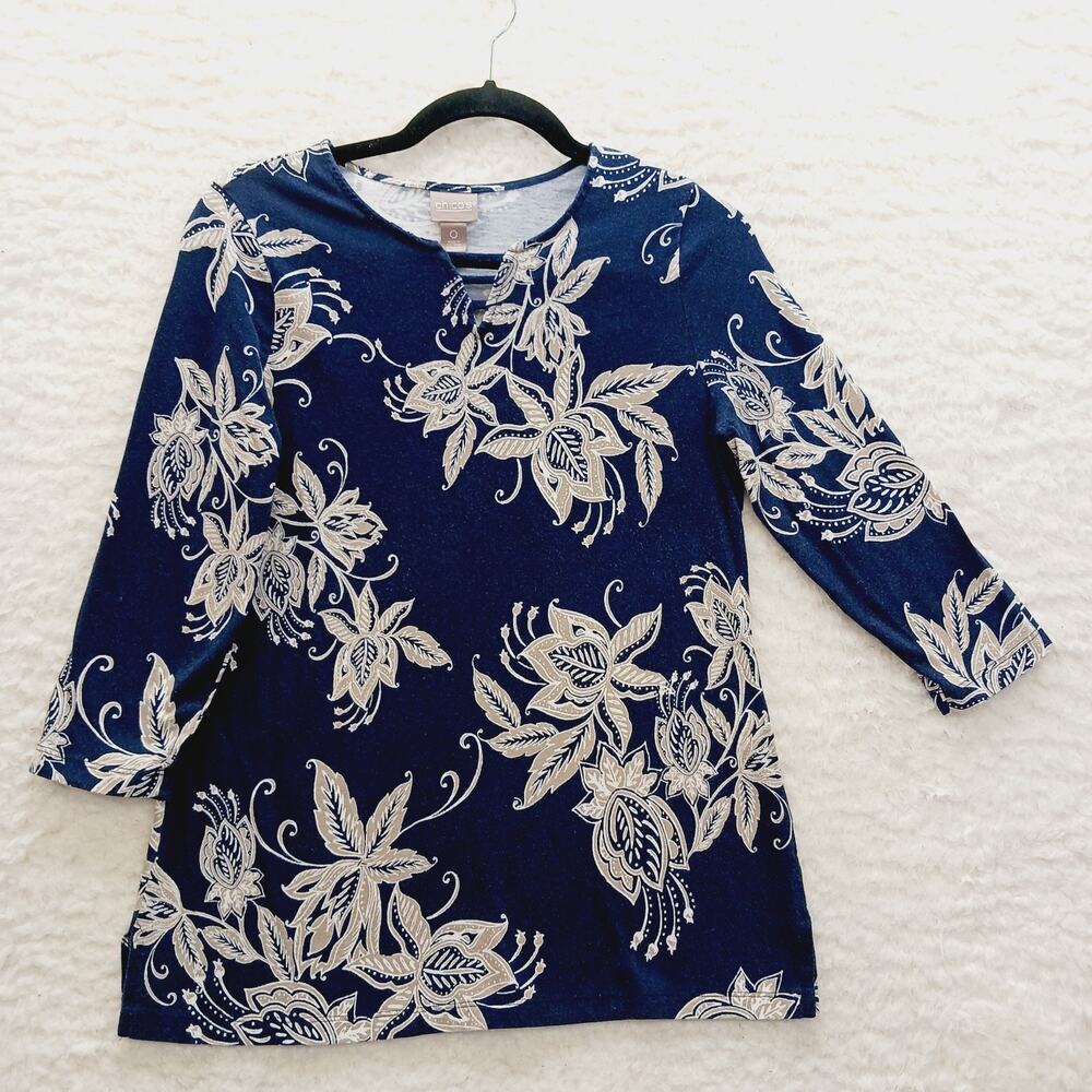 T-Shirt Women Navy Hibiscus Resort Cruise Coastal Tropical Chico 3/4 Sleeve Sz S